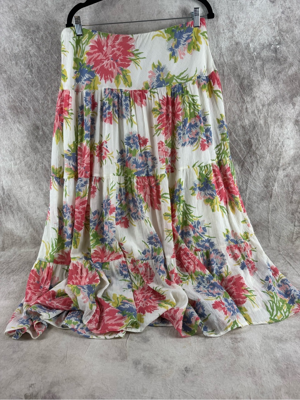 Chaps White Tiered Maxi Skirt with Pink, Blue & Green Floral Print Large - Picture 6 of 11